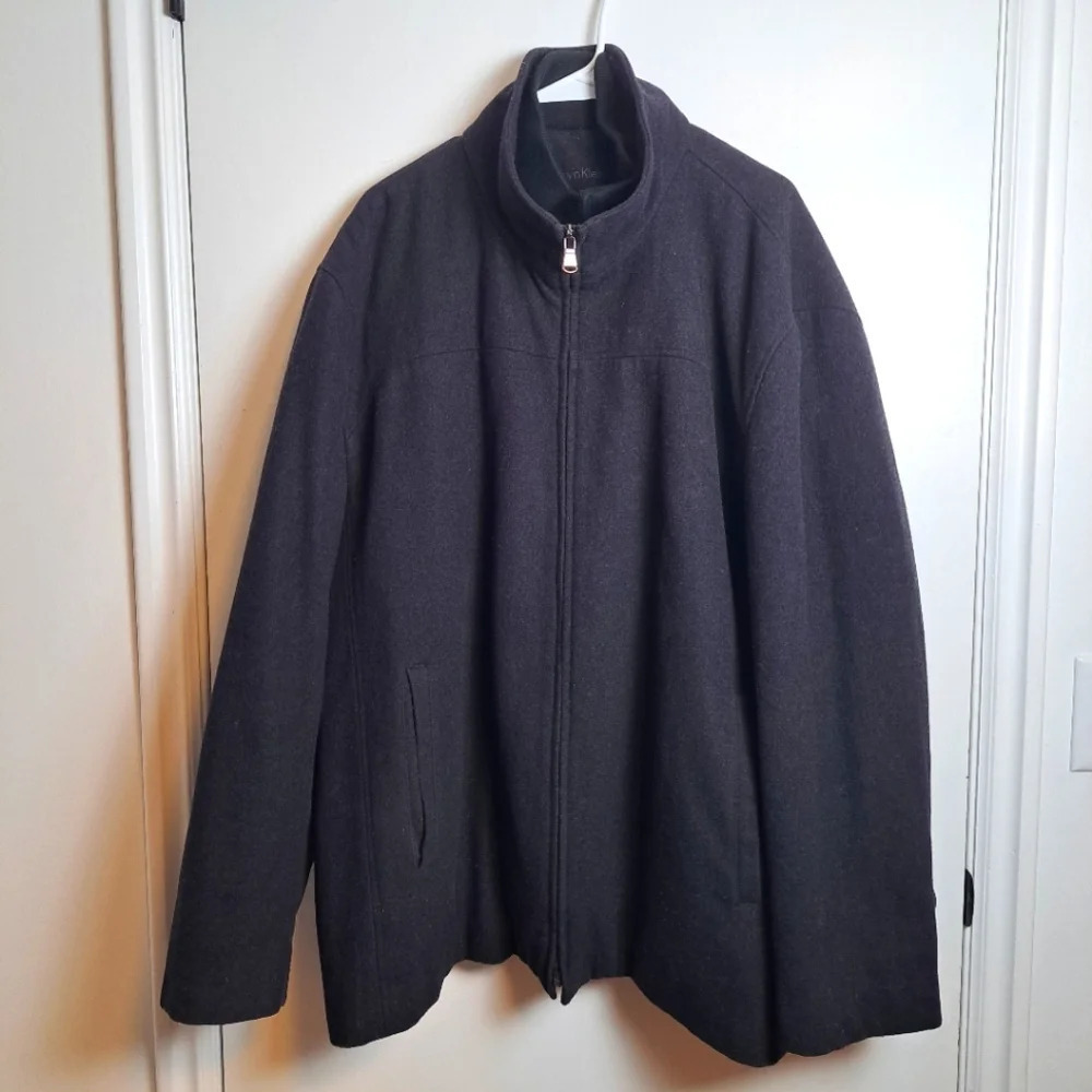 Calvin Klein Grey Wool Double Zipper Mock Neck Quality Jacket Coat Size 2XL